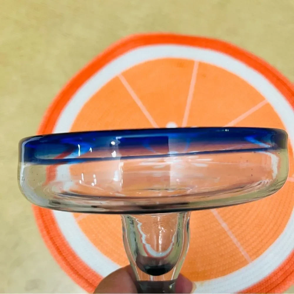 Mexican Hand Blown Margarita Glasses Cobalt Blue Rim Set of Two